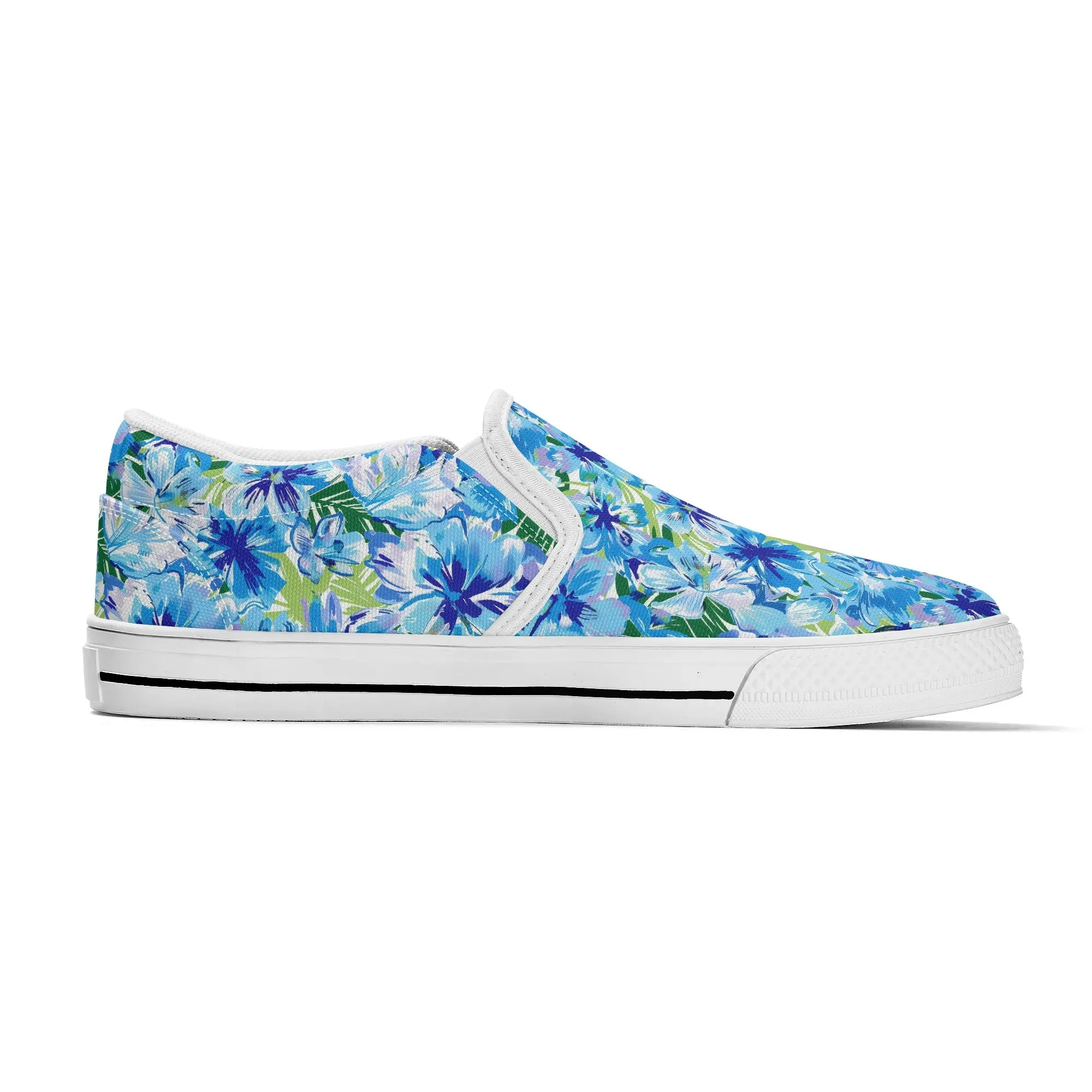 Azure Bloom Oasis: Bright Blue Large Flowers with Lush Green Palm Leaves Womens Canvas Slip On Shoes US5-US12
