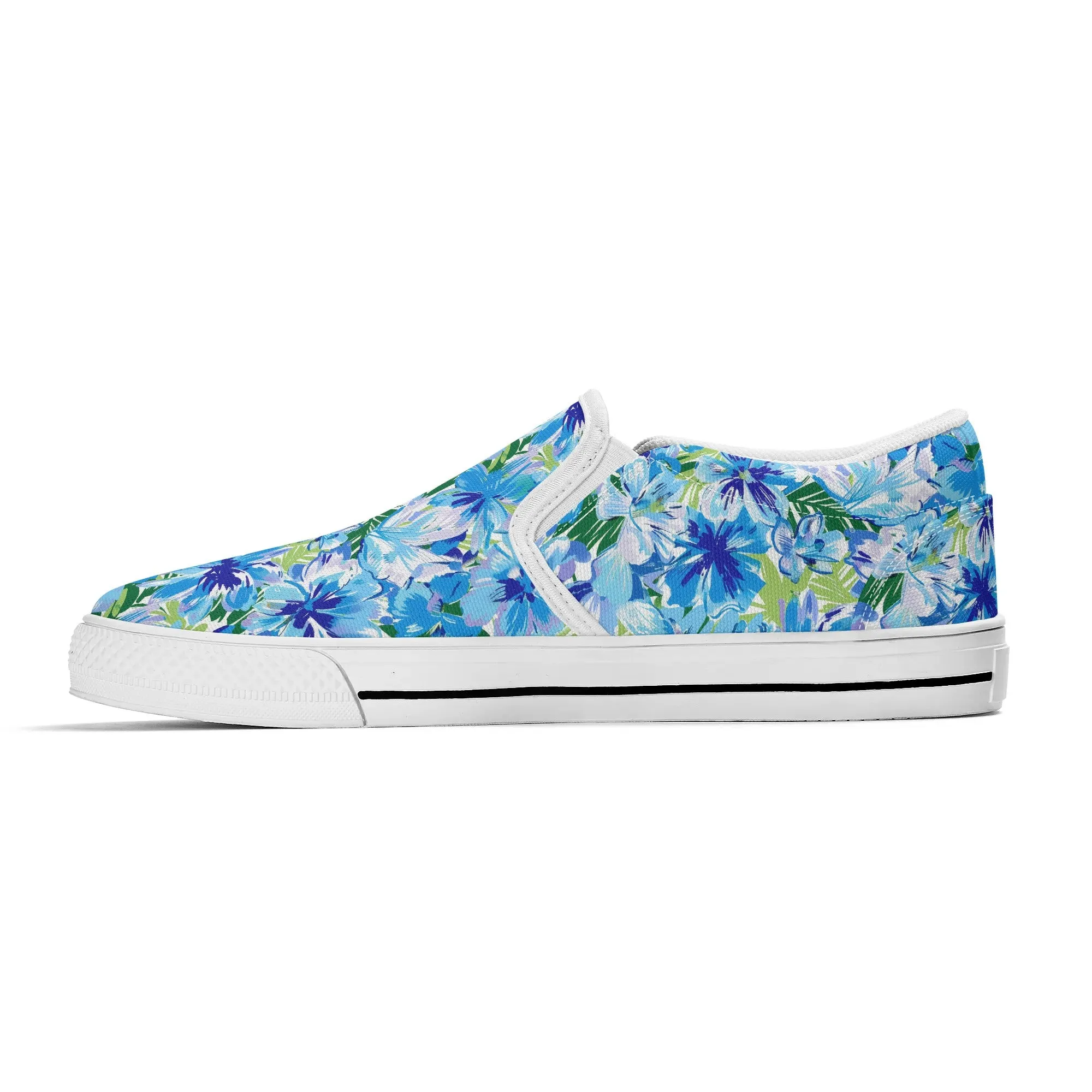 Azure Bloom Oasis: Bright Blue Large Flowers with Lush Green Palm Leaves Womens Canvas Slip On Shoes US5-US12