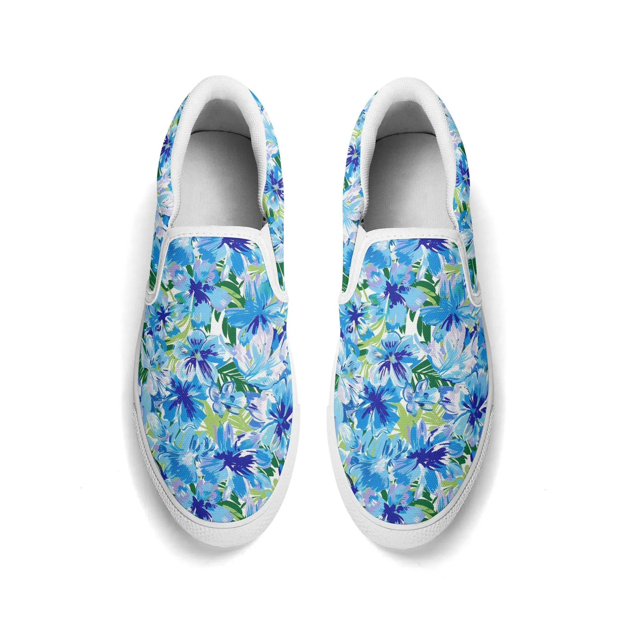 Azure Bloom Oasis: Bright Blue Large Flowers with Lush Green Palm Leaves Womens Canvas Slip On Shoes US5-US12