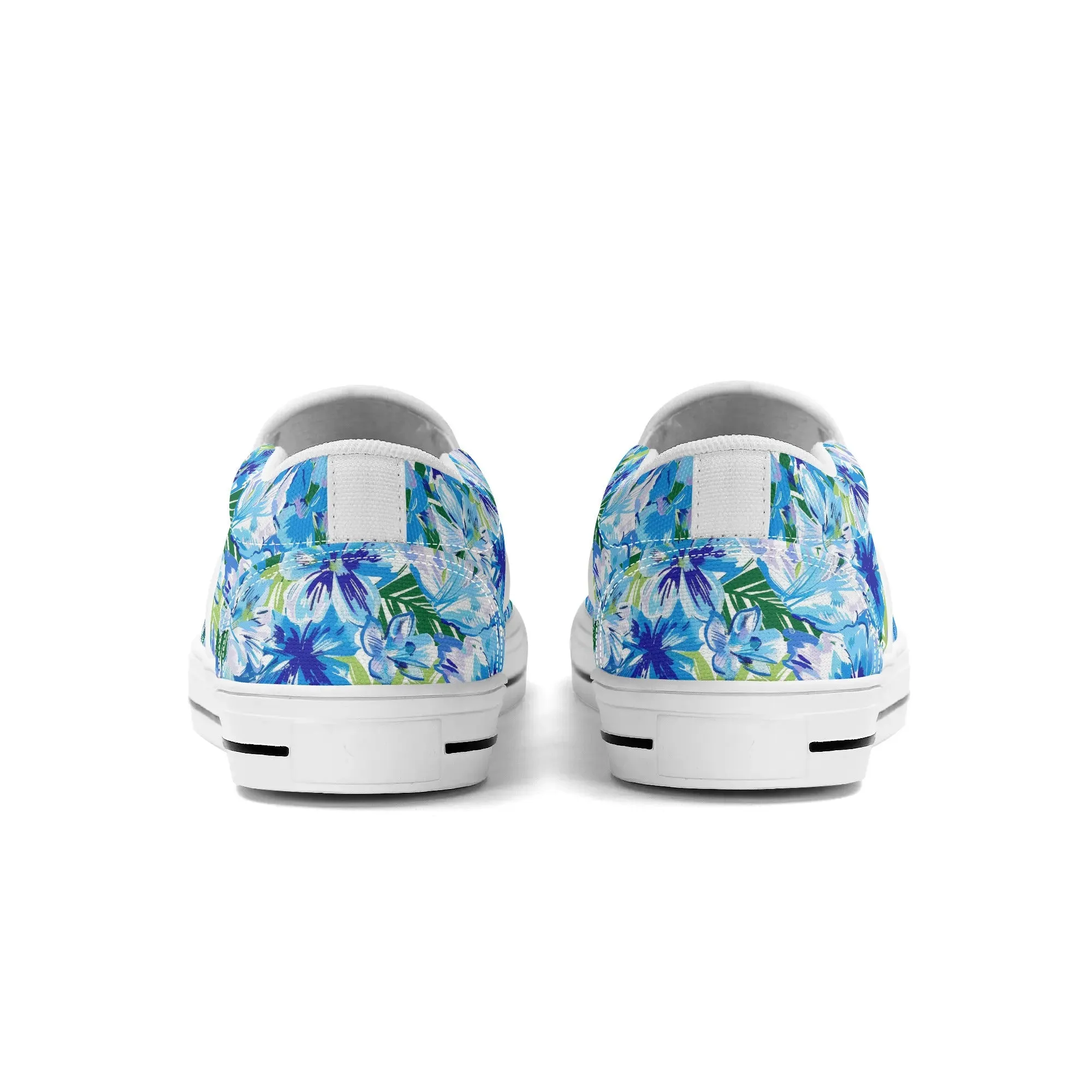 Azure Bloom Oasis: Bright Blue Large Flowers with Lush Green Palm Leaves Womens Canvas Slip On Shoes US5-US12