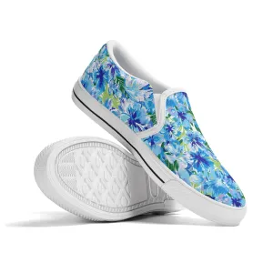 Azure Bloom Oasis: Bright Blue Large Flowers with Lush Green Palm Leaves Womens Canvas Slip On Shoes US5-US12