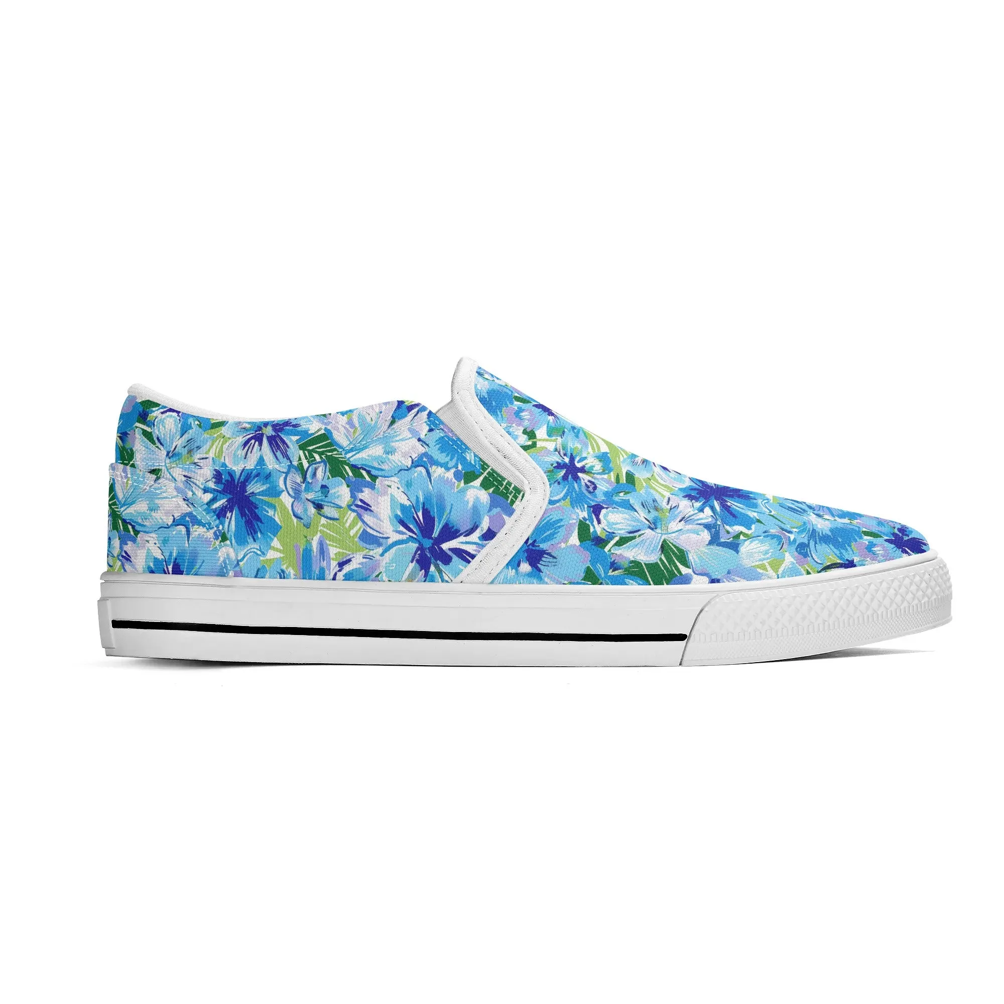 Azure Bloom Oasis: Bright Blue Large Flowers with Lush Green Palm Leaves Womens Canvas Slip On Shoes US5-US12