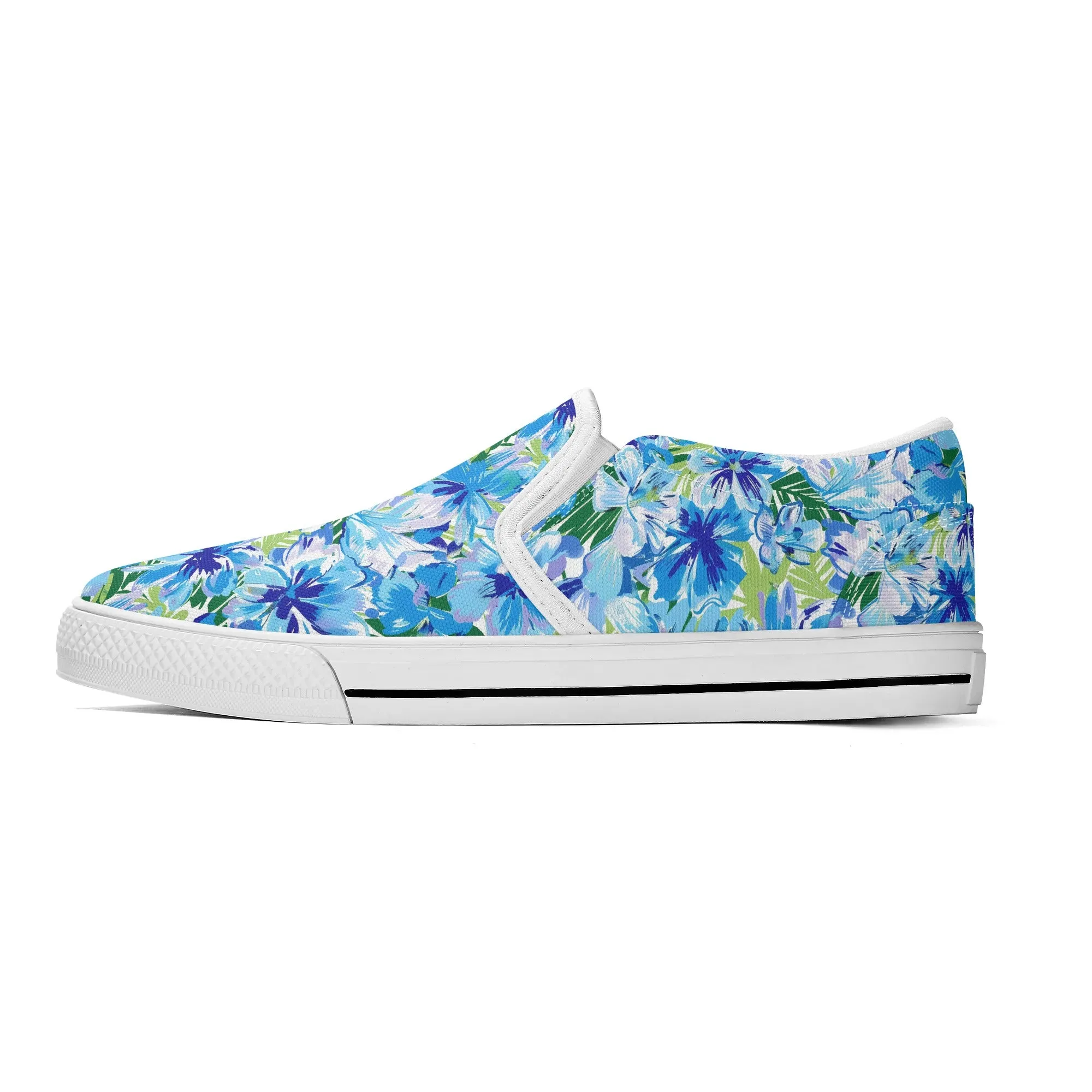 Azure Bloom Oasis: Bright Blue Large Flowers with Lush Green Palm Leaves Womens Canvas Slip On Shoes US5-US12