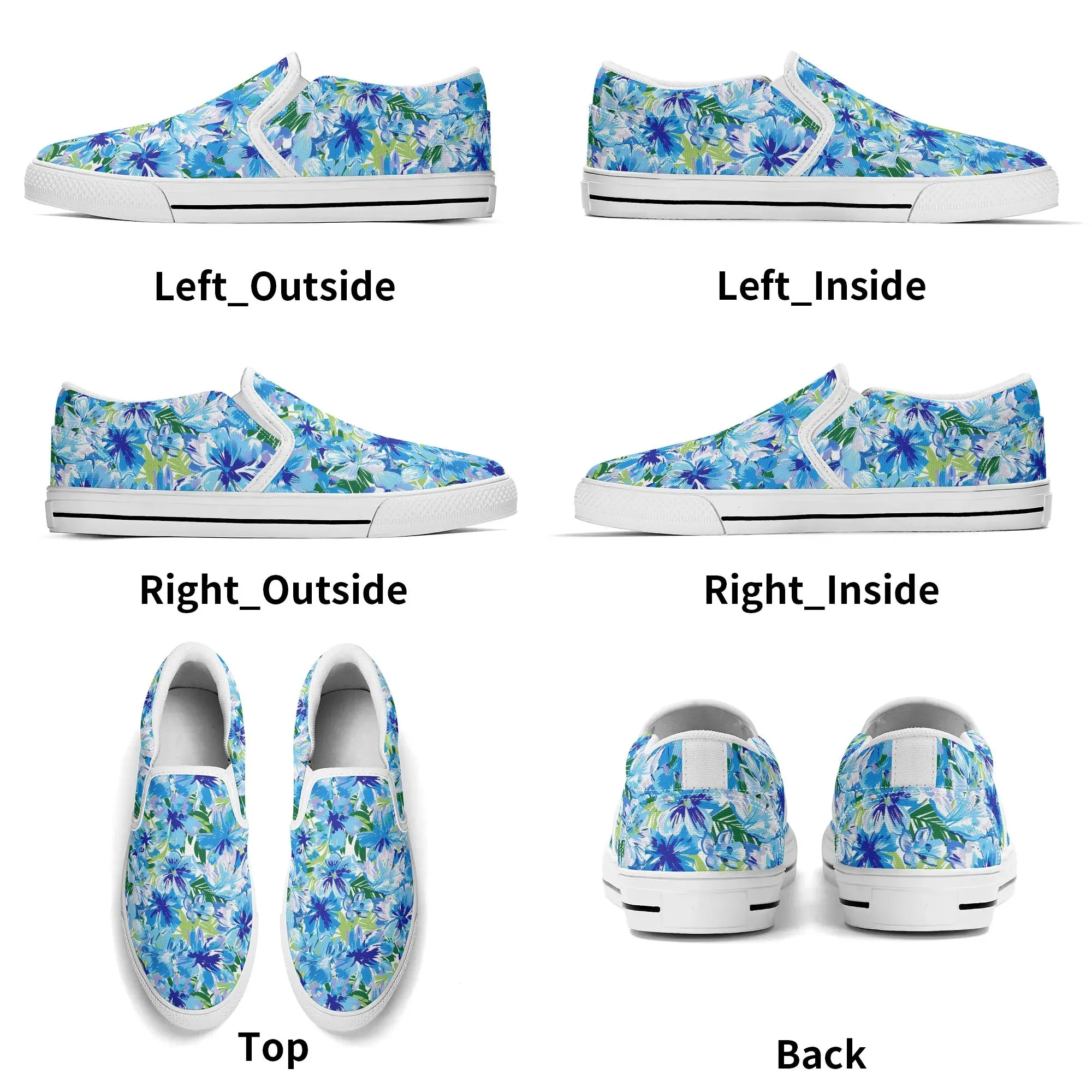 Azure Bloom Oasis: Bright Blue Large Flowers with Lush Green Palm Leaves Womens Canvas Slip On Shoes US5-US12