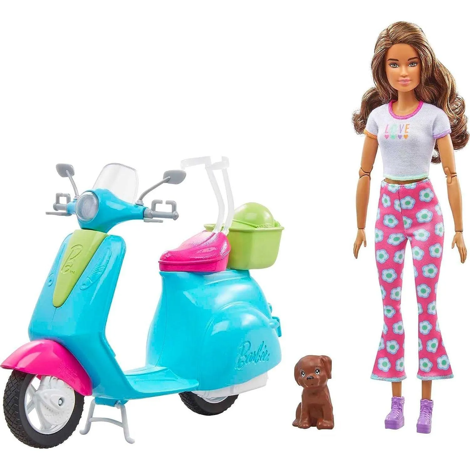 Barbie Fashionistas Doll and Scooter, Travel Playset with Stickers, Pet Puppy and Themed Accessories like Map and Camera