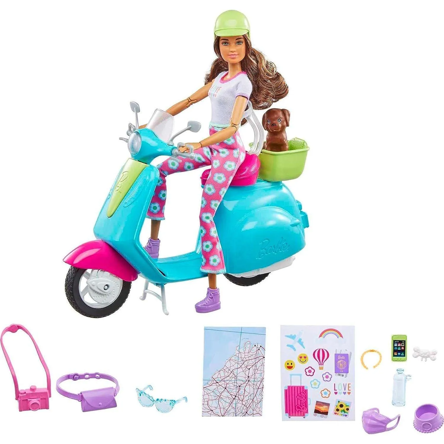 Barbie Fashionistas Doll and Scooter, Travel Playset with Stickers, Pet Puppy and Themed Accessories like Map and Camera