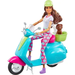 Barbie Fashionistas Doll and Scooter, Travel Playset with Stickers, Pet Puppy and Themed Accessories like Map and Camera