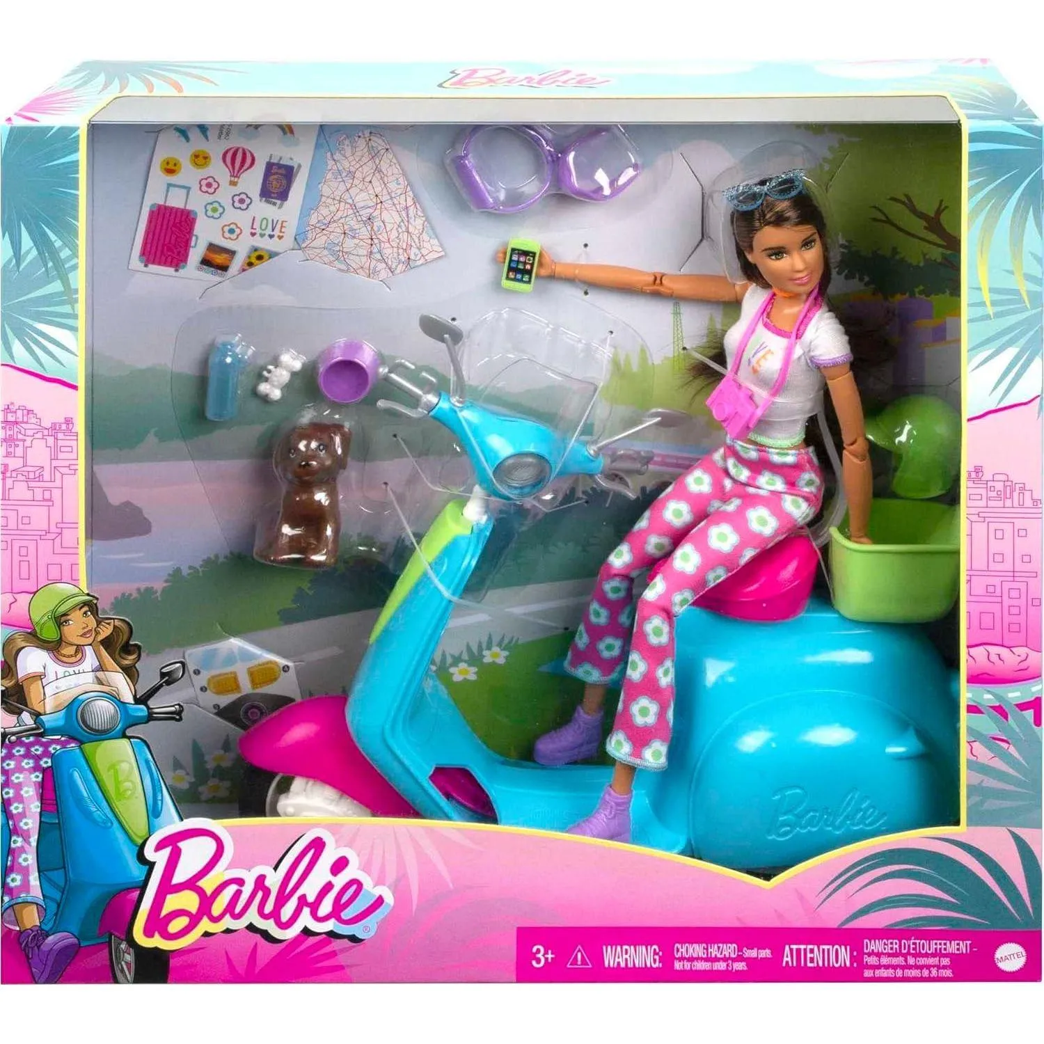Barbie Fashionistas Doll and Scooter, Travel Playset with Stickers, Pet Puppy and Themed Accessories like Map and Camera