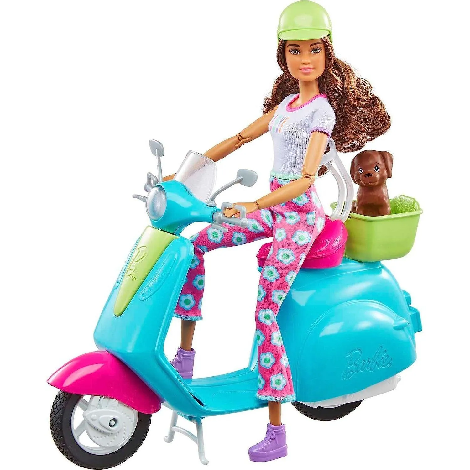 Barbie Fashionistas Doll and Scooter, Travel Playset with Stickers, Pet Puppy and Themed Accessories like Map and Camera
