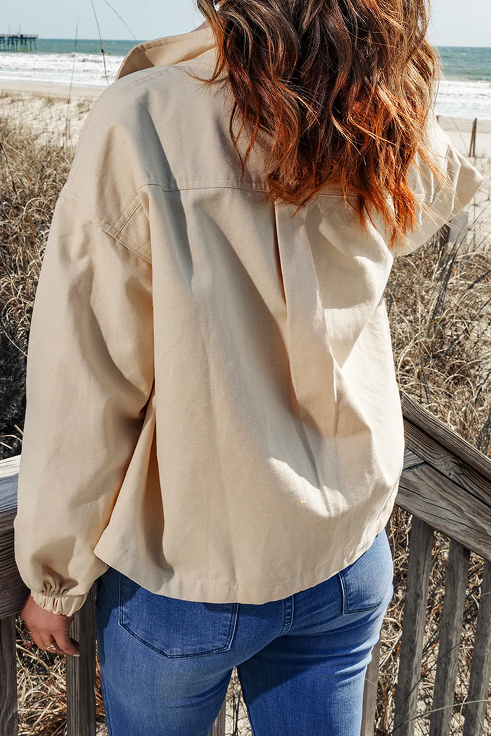 Beige Floral Patchwork Pockets Loose Fit Jacket