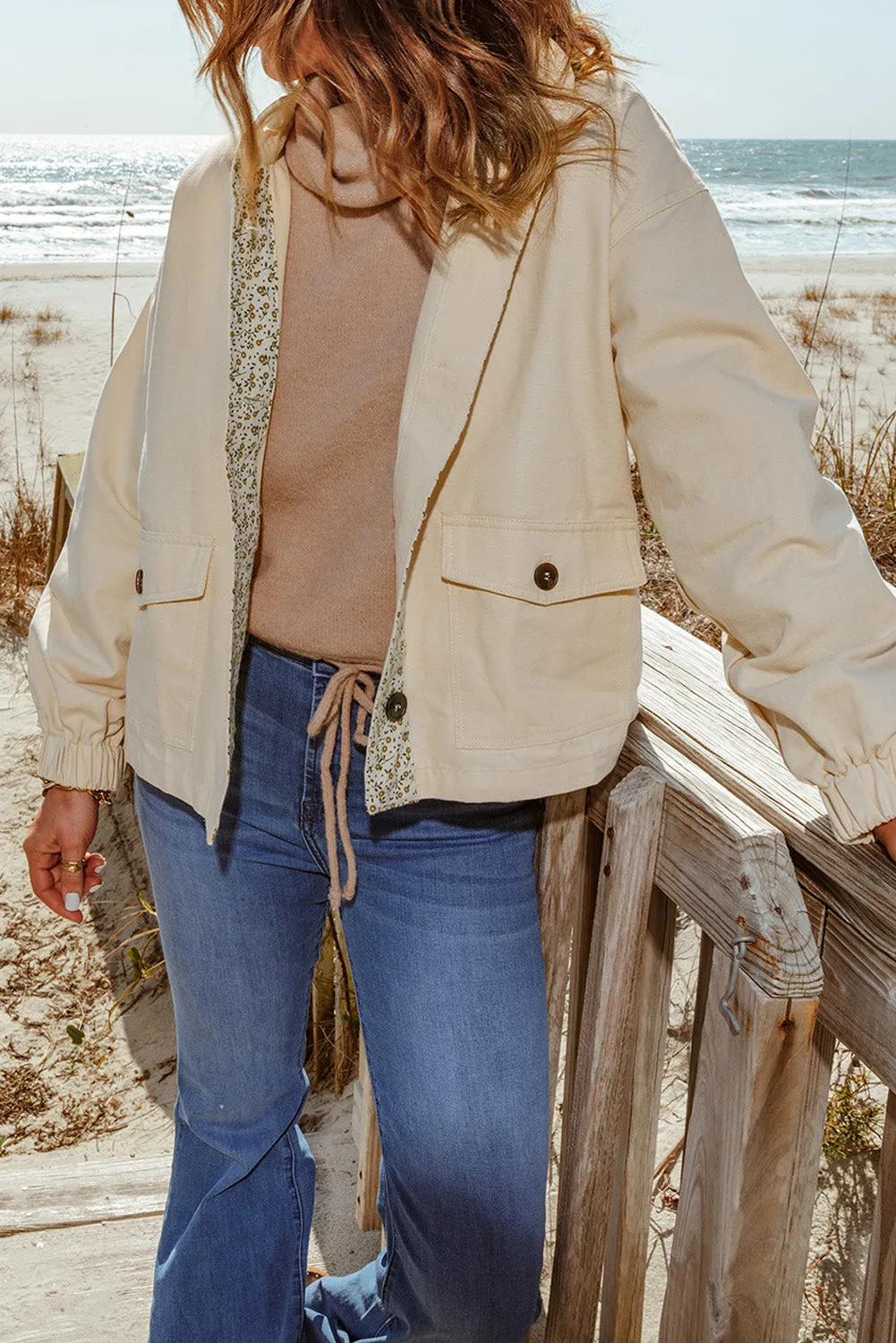 Beige Floral Patchwork Pockets Loose Fit Jacket