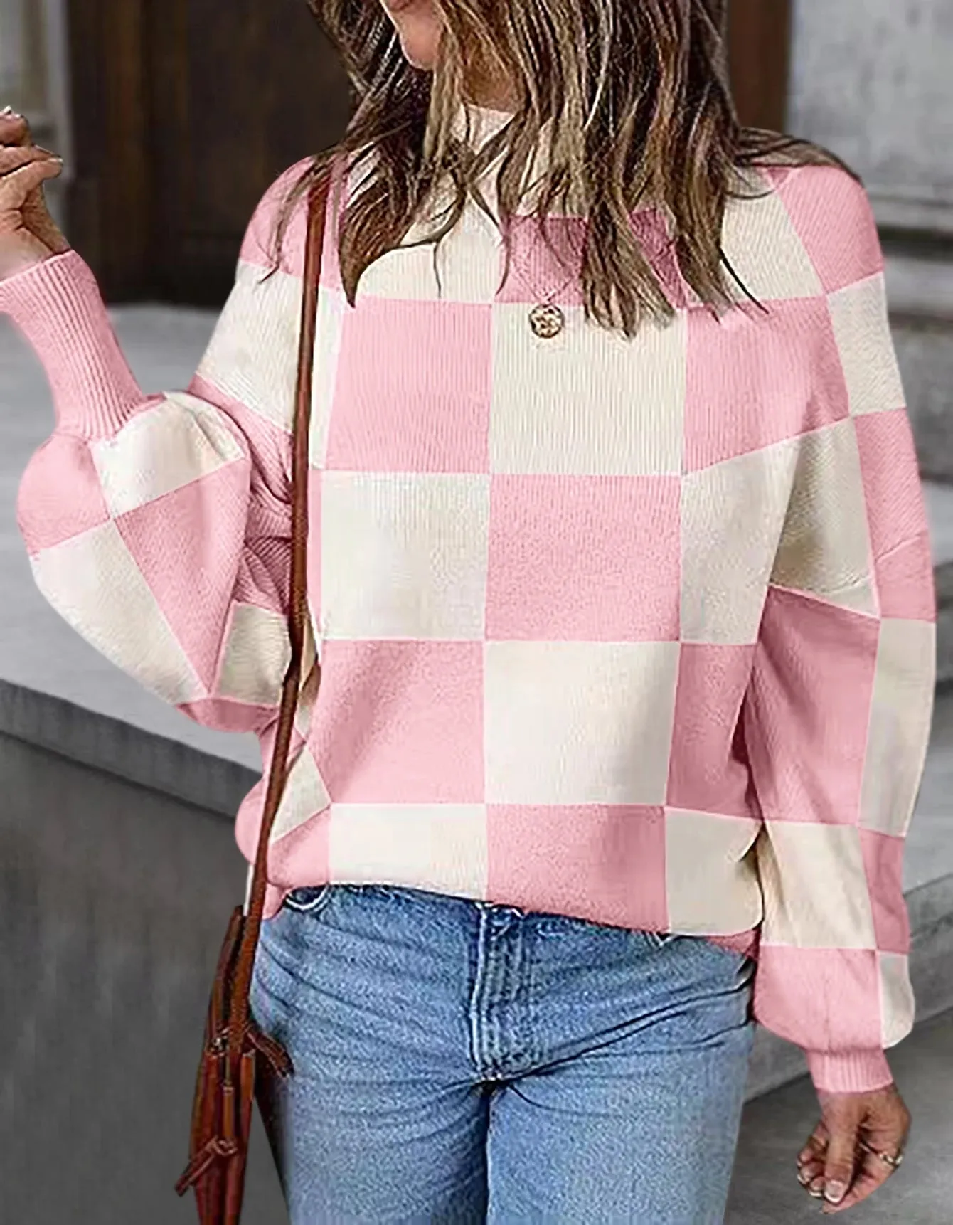 Checkered High Neck Sweater Pink and Cream Jumper