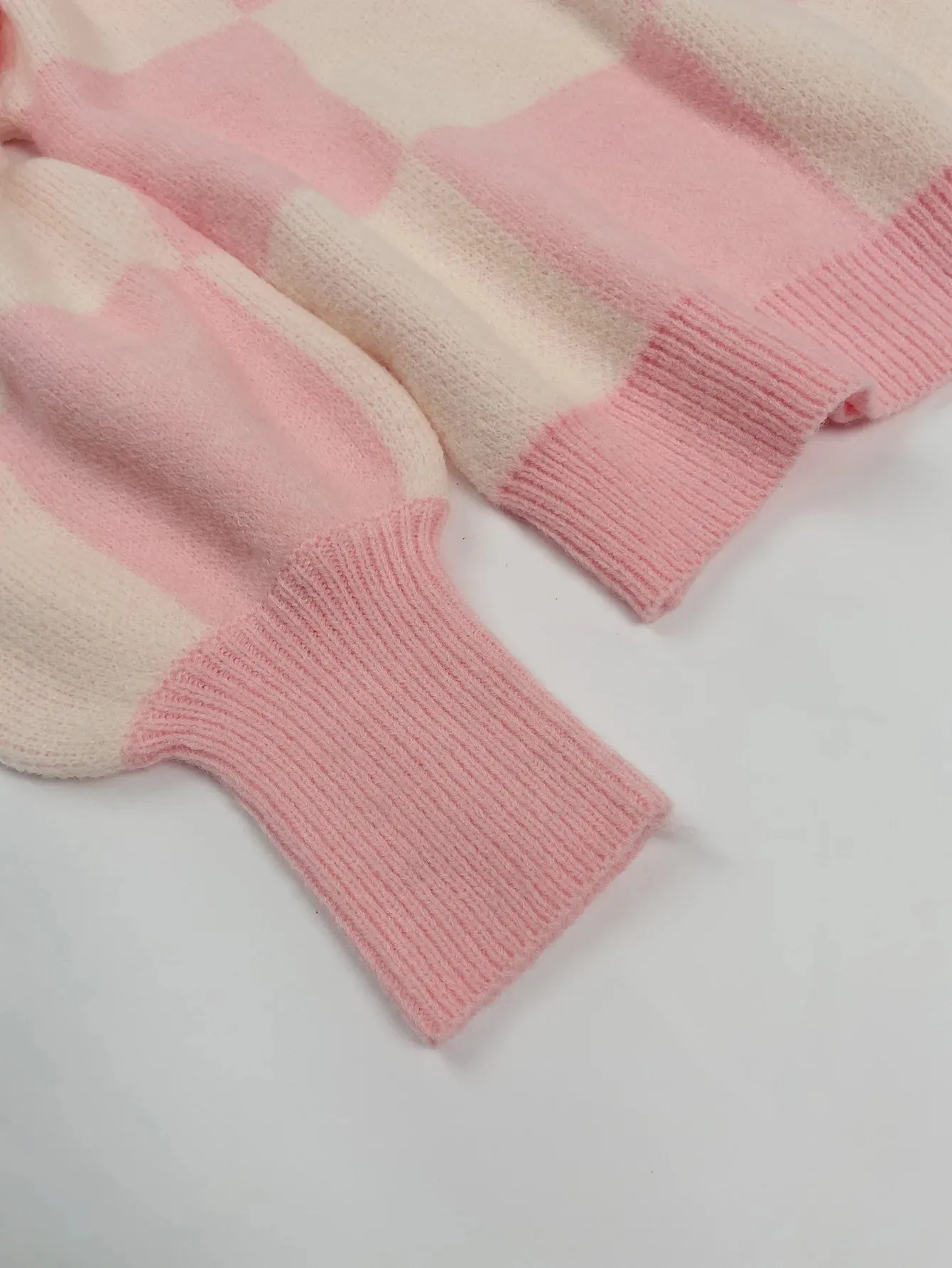 Checkered High Neck Sweater Pink and Cream Jumper