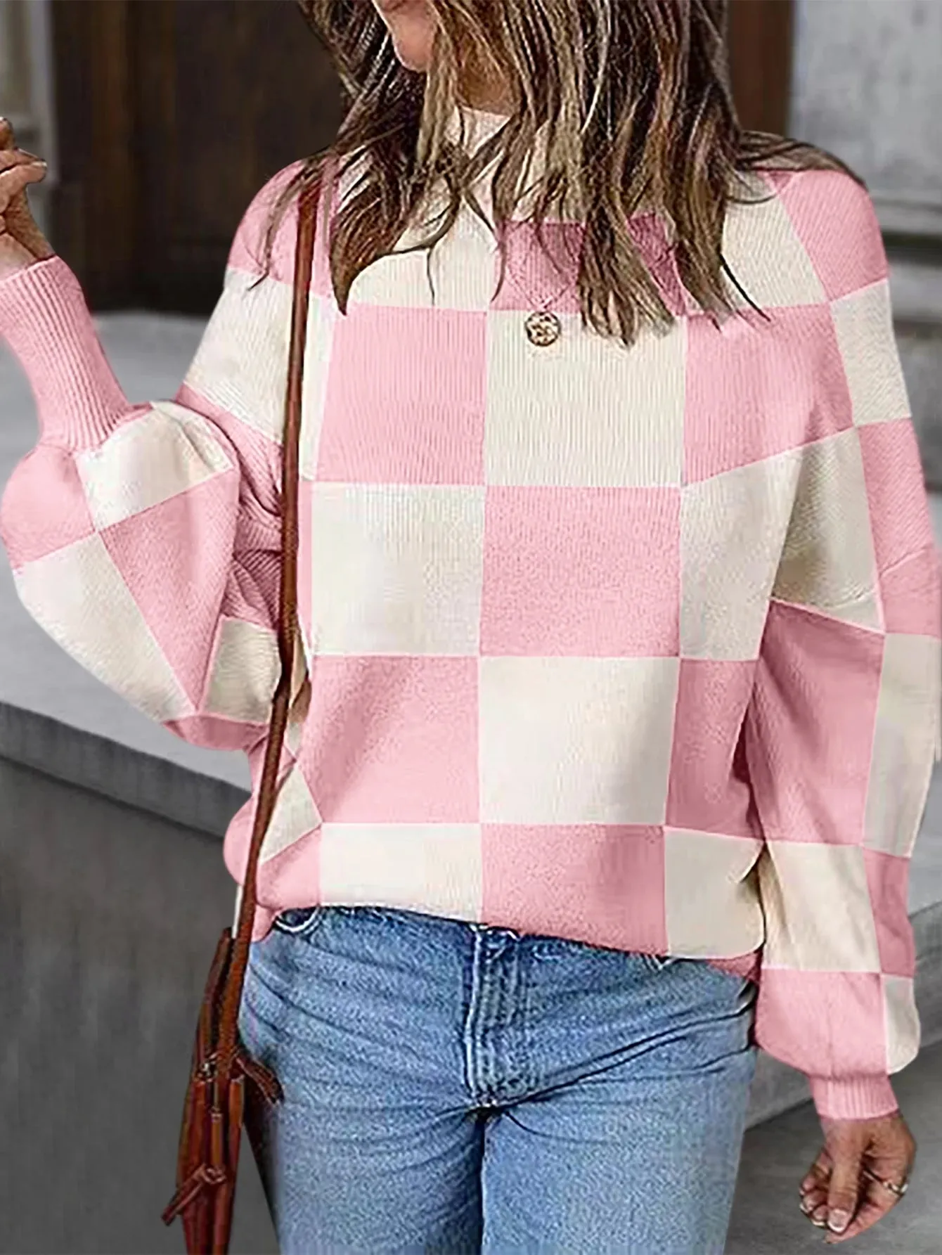 Checkered High Neck Sweater Pink and Cream Jumper