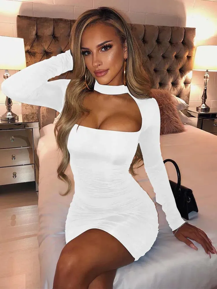 Choker Ruched Bodycon Long Sleeve Dress for Night Out