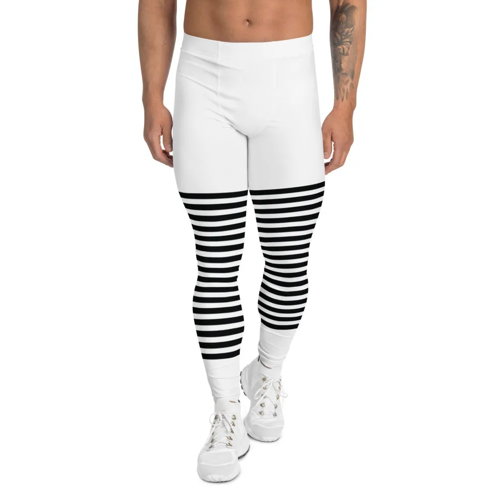 Classic Modern Striped Men's Leggings, White and Black Horizontally Stripes Meggings, Best Sexy Designer Meggings For Men-Made in USA/EU