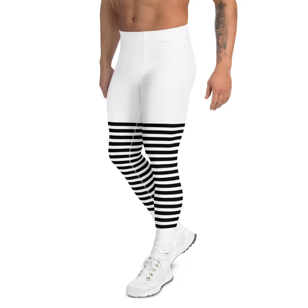 Classic Modern Striped Men's Leggings, White and Black Horizontally Stripes Meggings, Best Sexy Designer Meggings For Men-Made in USA/EU