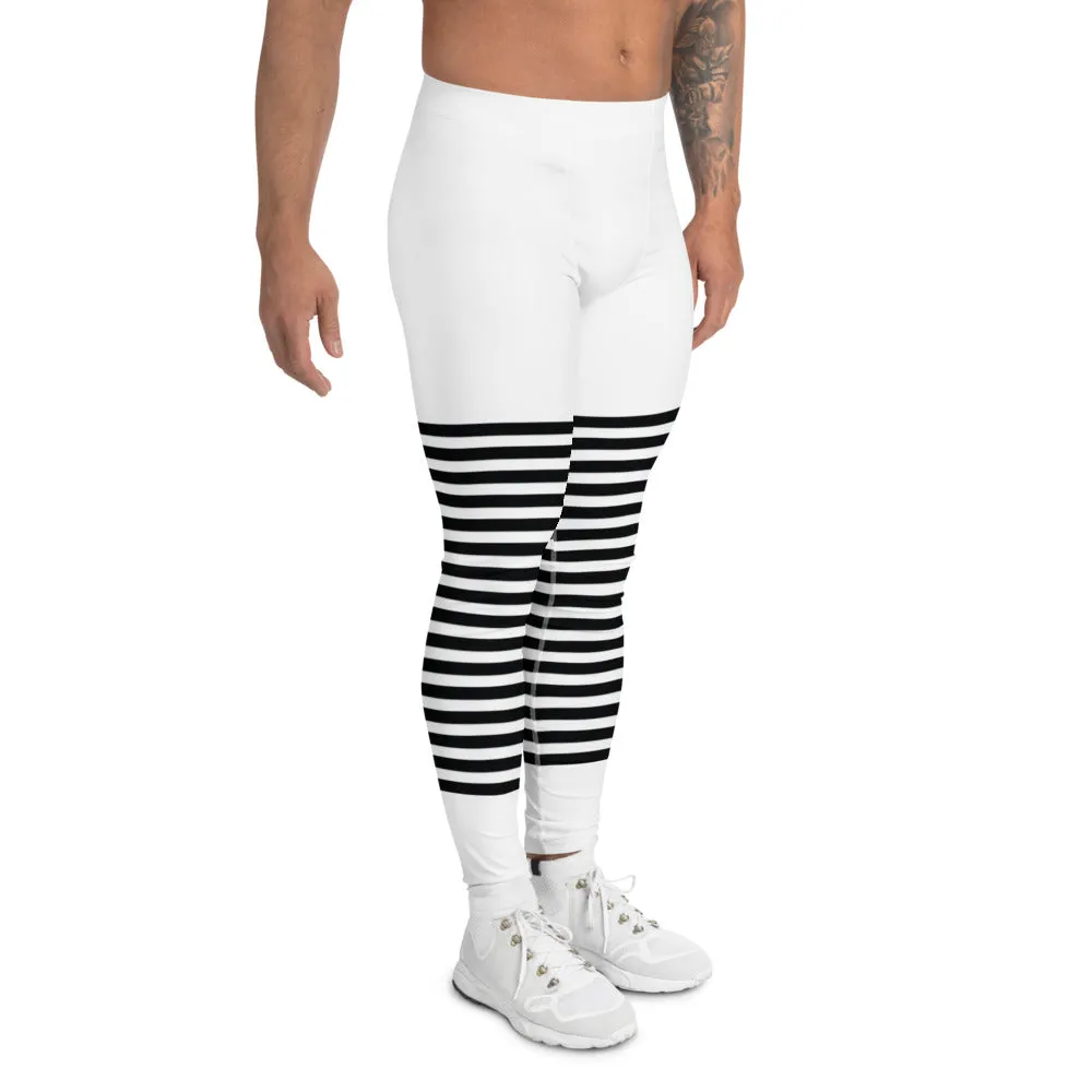 Classic Modern Striped Men's Leggings, White and Black Horizontally Stripes Meggings, Best Sexy Designer Meggings For Men-Made in USA/EU