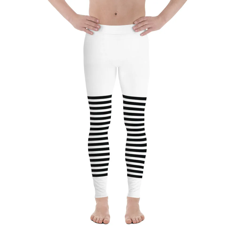 Classic Modern Striped Men's Leggings, White and Black Horizontally Stripes Meggings, Best Sexy Designer Meggings For Men-Made in USA/EU