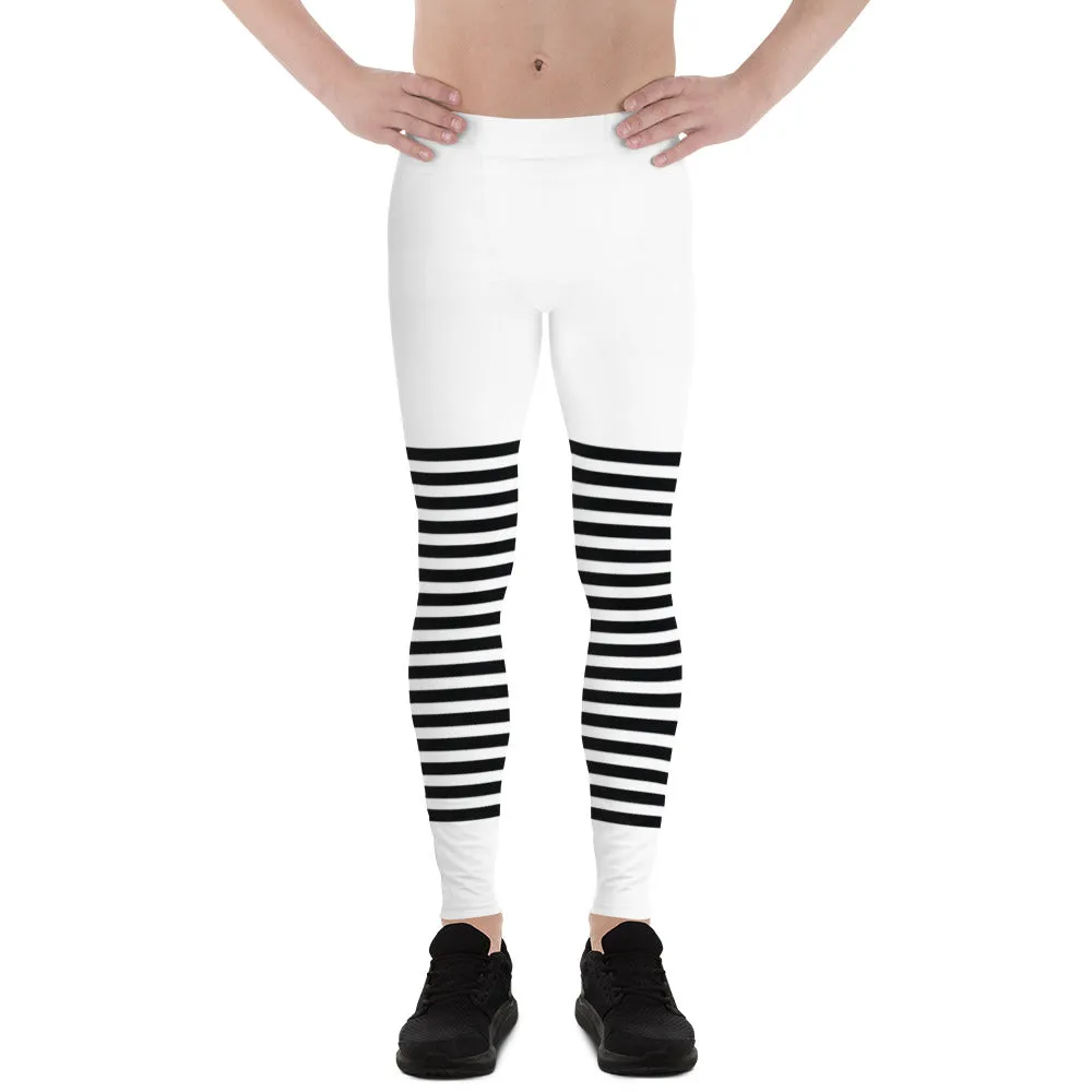 Classic Modern Striped Men's Leggings, White and Black Horizontally Stripes Meggings, Best Sexy Designer Meggings For Men-Made in USA/EU