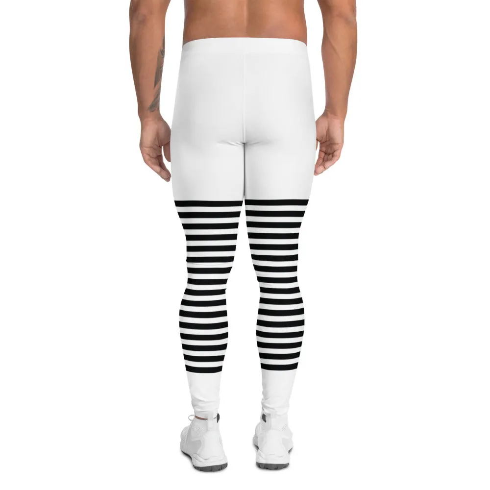 Classic Modern Striped Men's Leggings, White and Black Horizontally Stripes Meggings, Best Sexy Designer Meggings For Men-Made in USA/EU