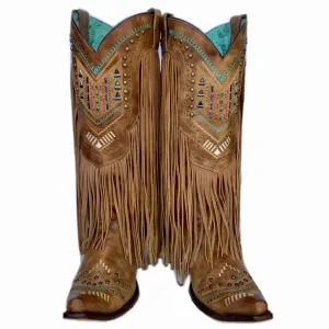 CORRAL Vintage Fringe Aztec Multicolor Swarovski Crystal Studded Tall Cowgirl Boots