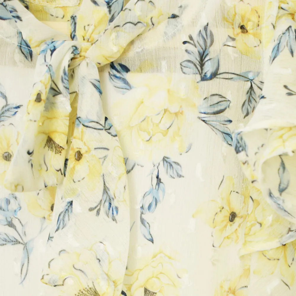 Floral Layered Sleeves Top With Yellow Overlap Frill Shorts