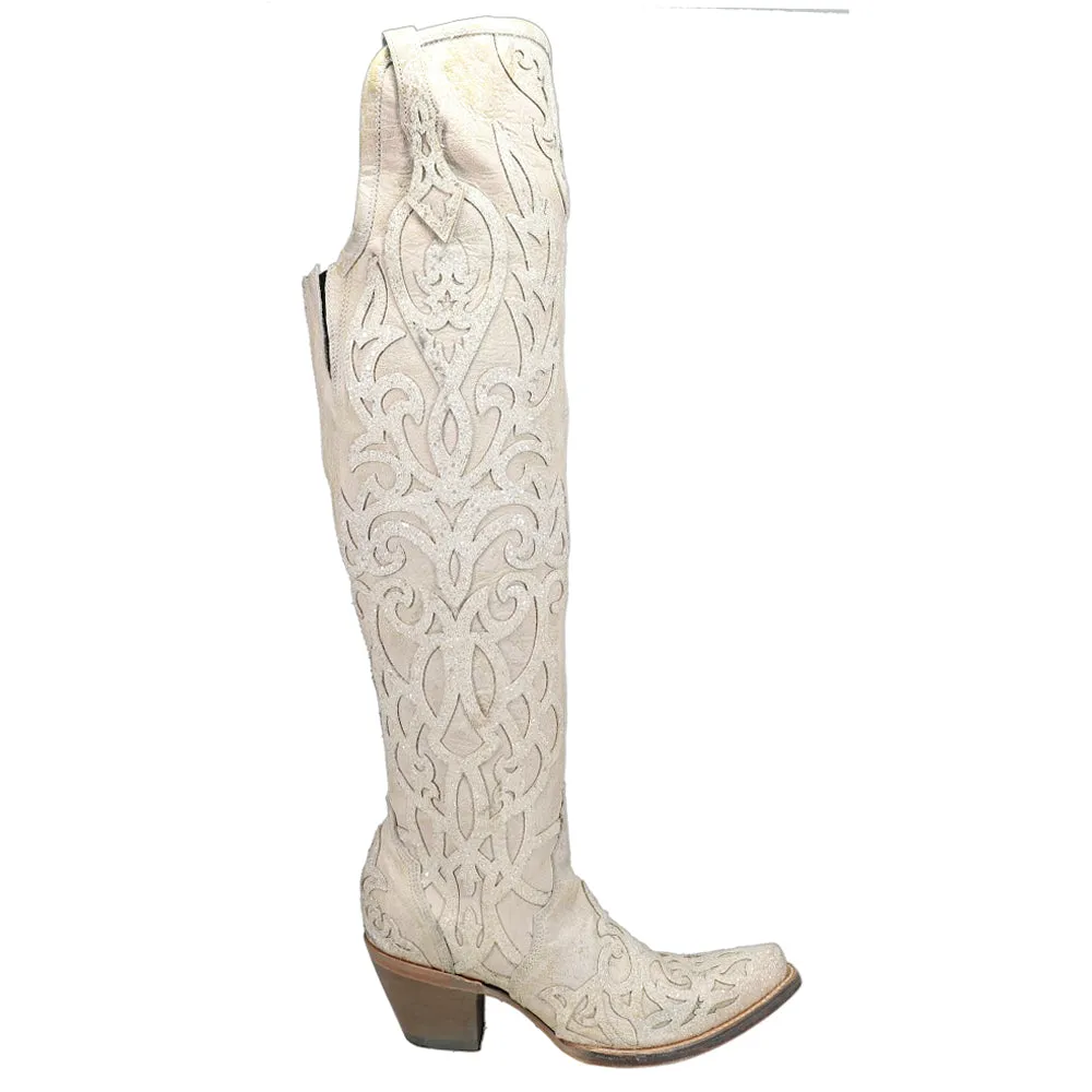 Glitter Tooled Inlay Knee High Snip Toe Cowboy Boots
