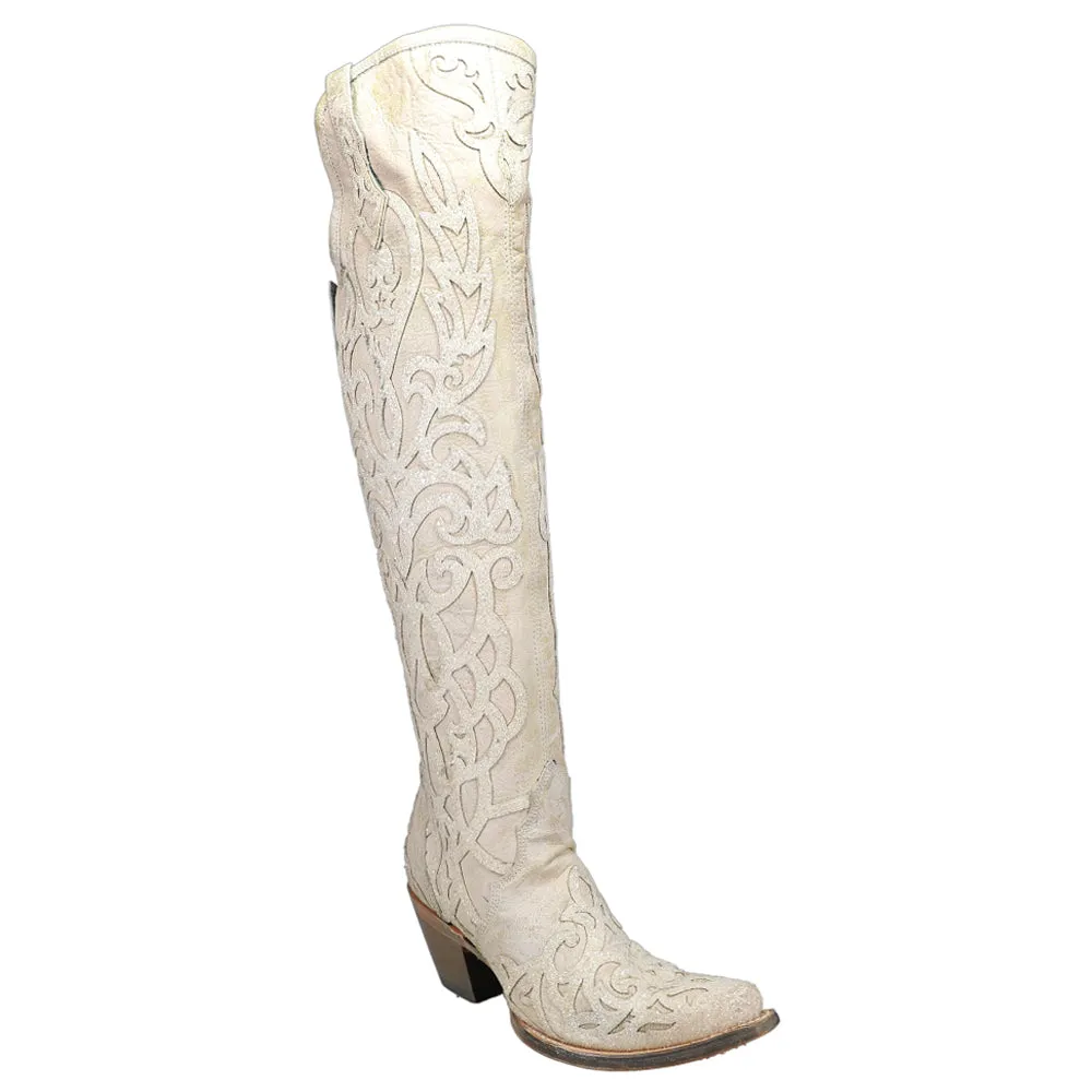 Glitter Tooled Inlay Knee High Snip Toe Cowboy Boots