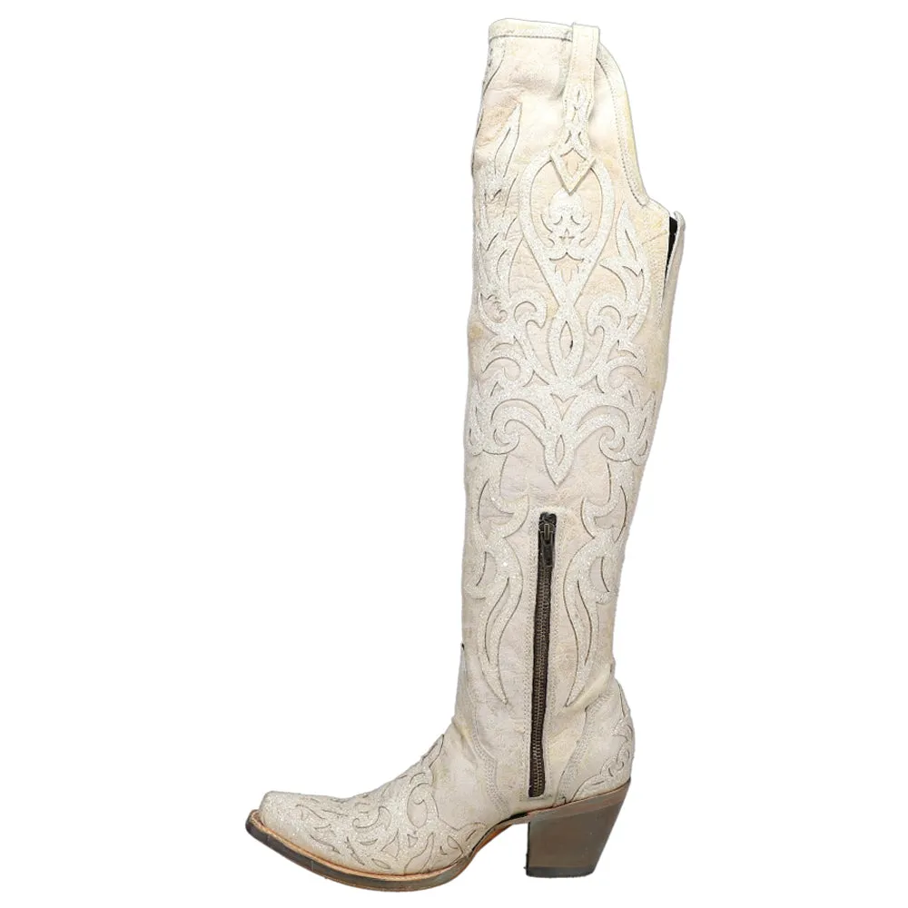 Glitter Tooled Inlay Knee High Snip Toe Cowboy Boots