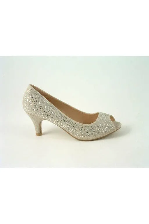 Glitz Shoes Margo Glitter Diamante Mid Heel Peep Toe Shoe
