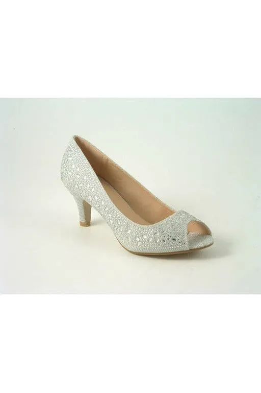 Glitz Shoes Margo Glitter Diamante Mid Heel Peep Toe Shoe