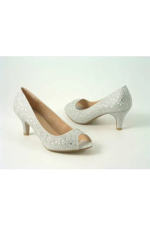 Glitz Shoes Margo Glitter Diamante Mid Heel Peep Toe Shoe