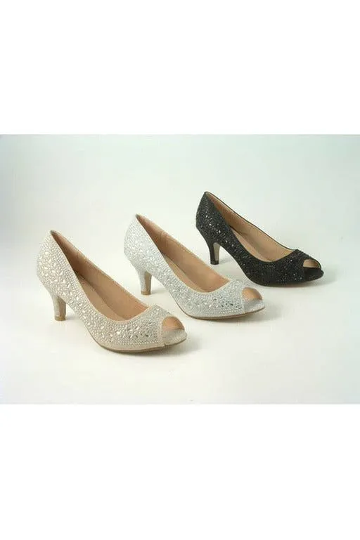 Glitz Shoes Margo Glitter Diamante Mid Heel Peep Toe Shoe
