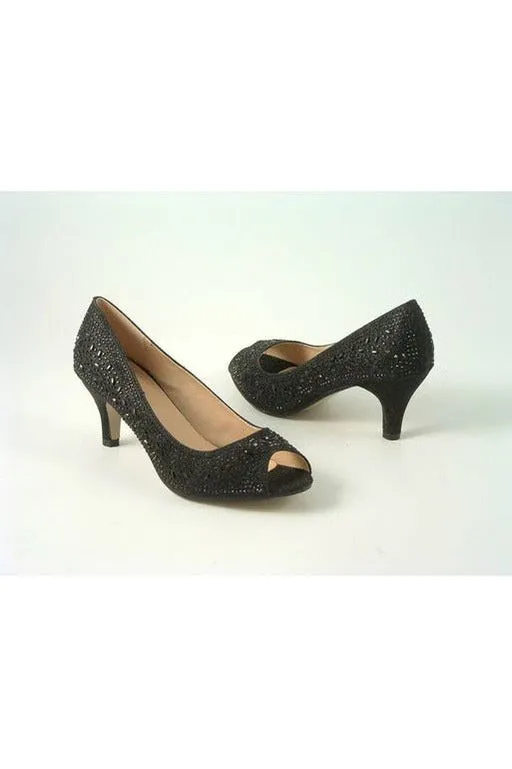 Glitz Shoes Margo Glitter Diamante Mid Heel Peep Toe Shoe