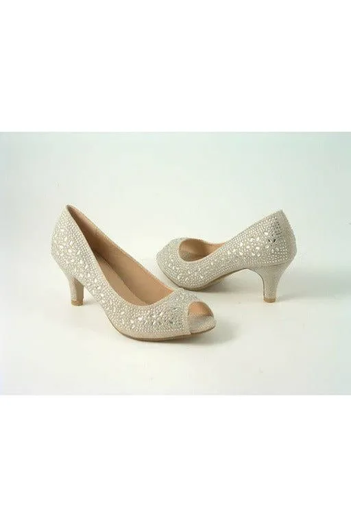 Glitz Shoes Margo Glitter Diamante Mid Heel Peep Toe Shoe