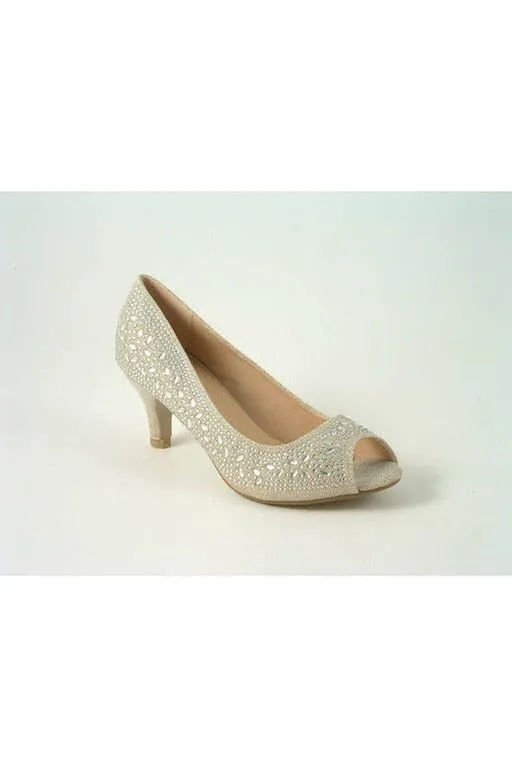 Glitz Shoes Margo Glitter Diamante Mid Heel Peep Toe Shoe
