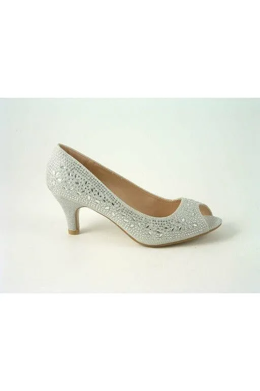 Glitz Shoes Margo Glitter Diamante Mid Heel Peep Toe Shoe