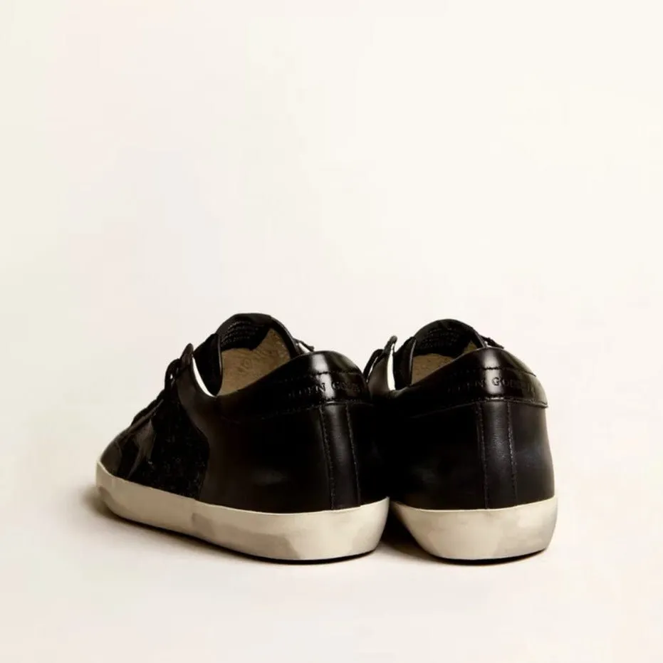 Golden Goose Super-Star In Black Nappa And Glitter With Glossy Black Leather Star