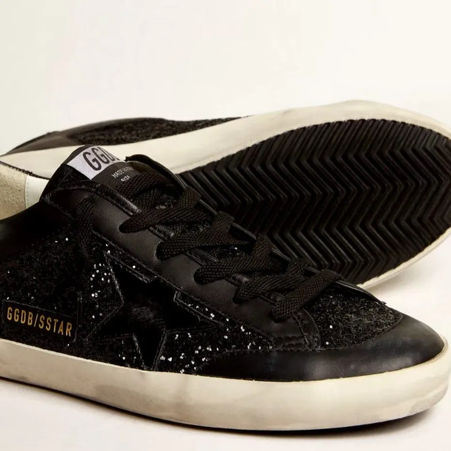 Golden Goose Super-Star In Black Nappa And Glitter With Glossy Black Leather Star
