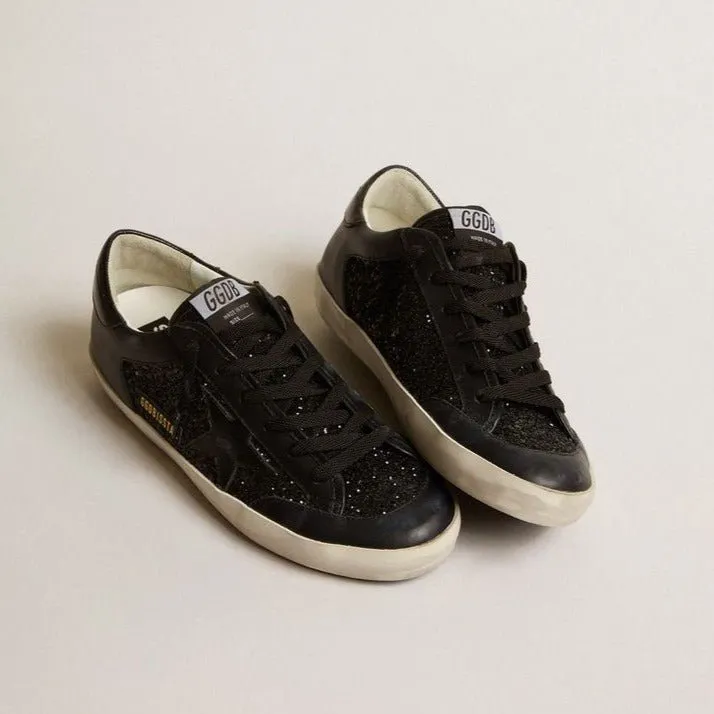 Golden Goose Super-Star In Black Nappa And Glitter With Glossy Black Leather Star