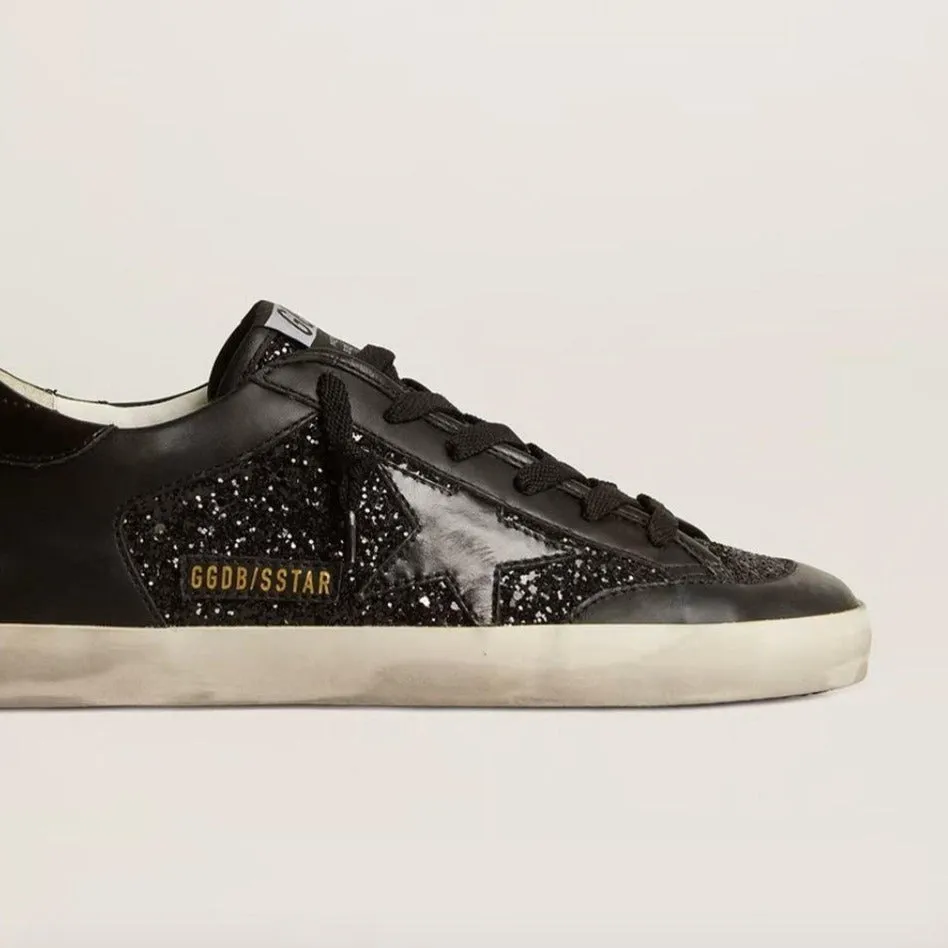 Golden Goose Super-Star In Black Nappa And Glitter With Glossy Black Leather Star