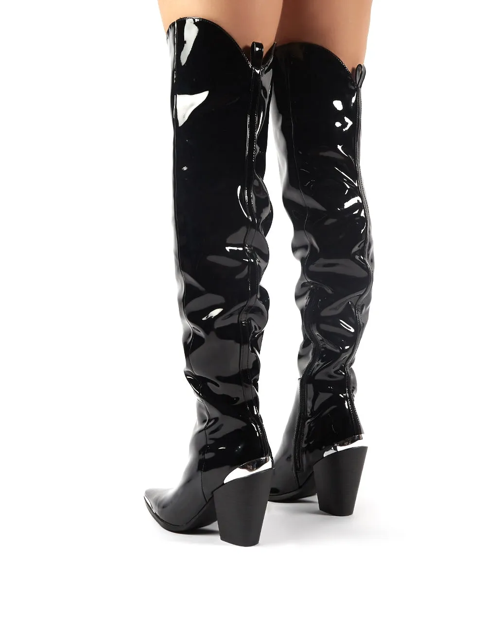 Honor Black Patent Western Block Heeled Knee High Boots