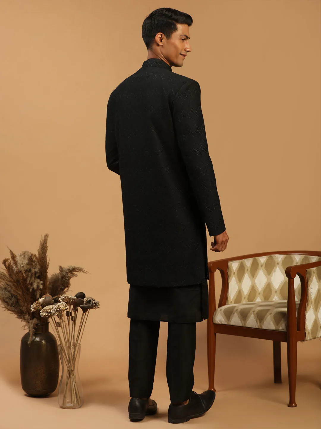 Jashvi Men's Black Glitter Indo Sherwani With Kurta Pant Set