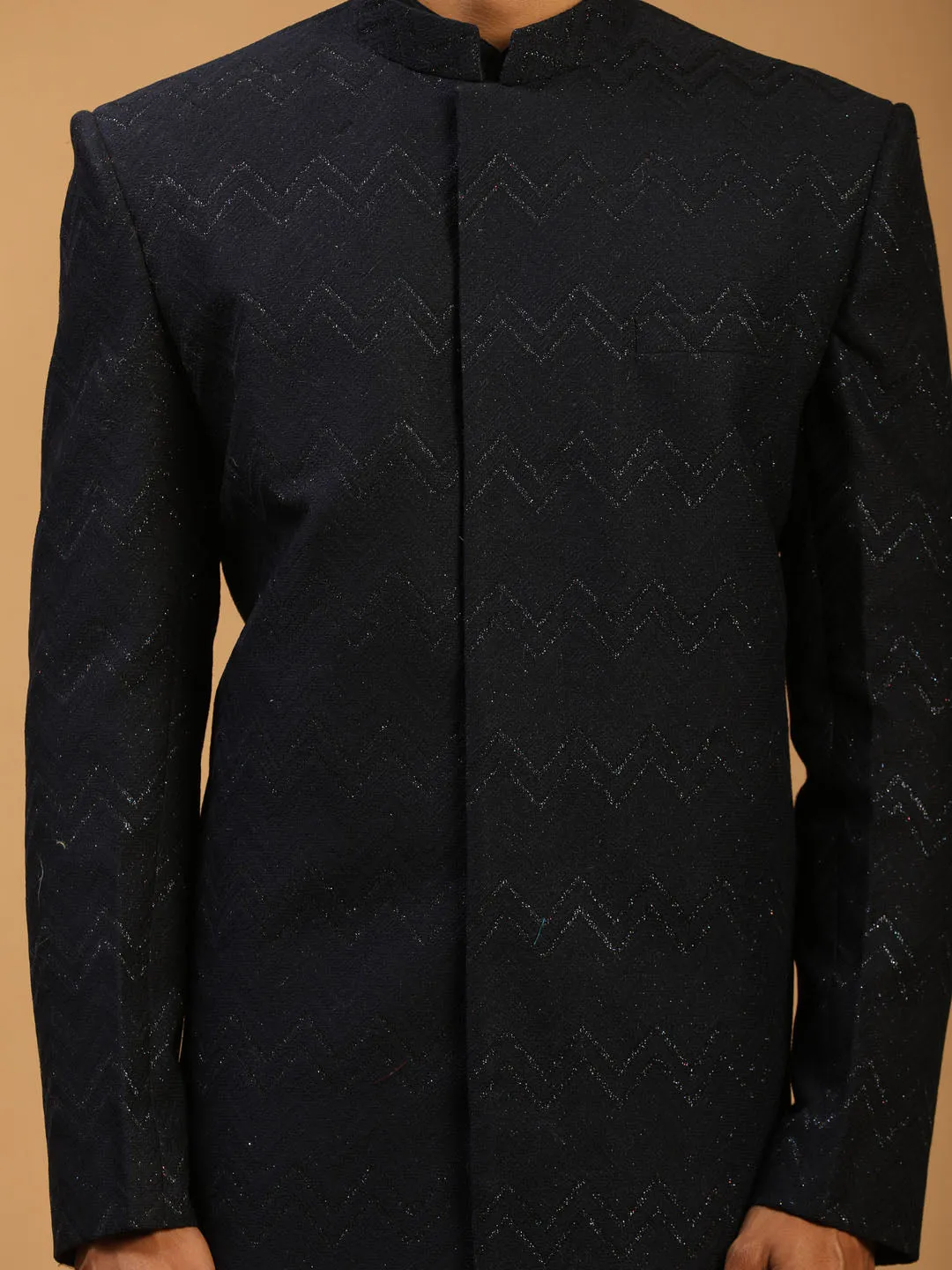 Jashvi Men's Black Glitter Indo Sherwani With Kurta Pant Set