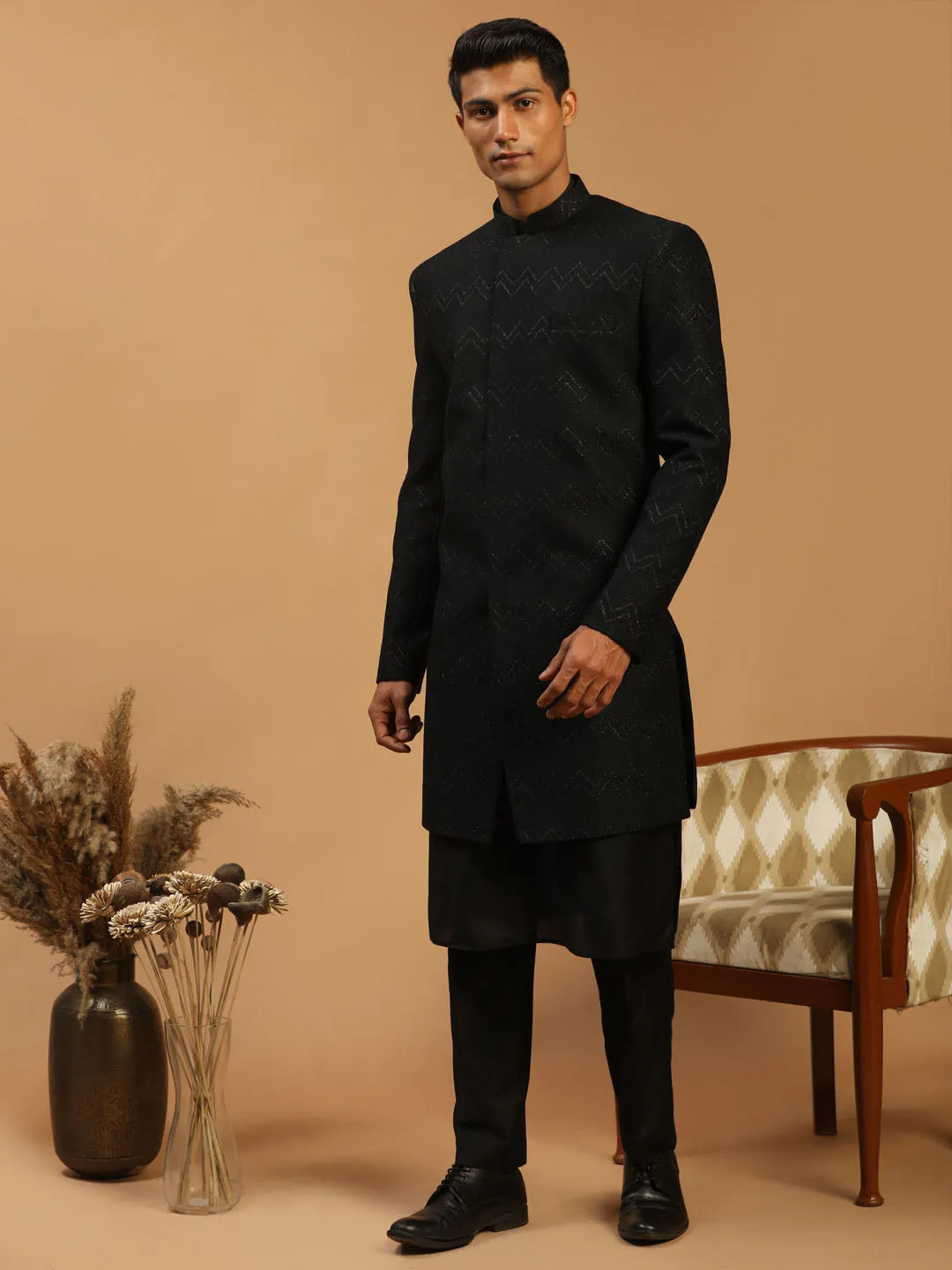 Jashvi Men's Black Glitter Indo Sherwani With Kurta Pant Set