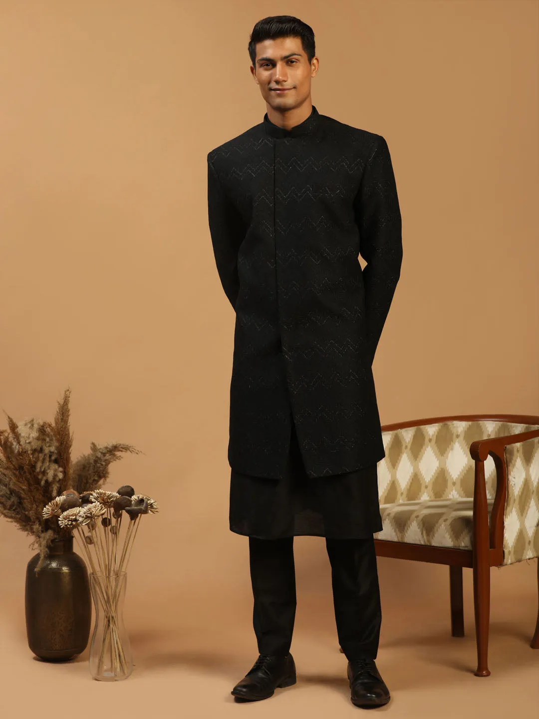 Jashvi Men's Black Glitter Indo Sherwani With Kurta Pant Set