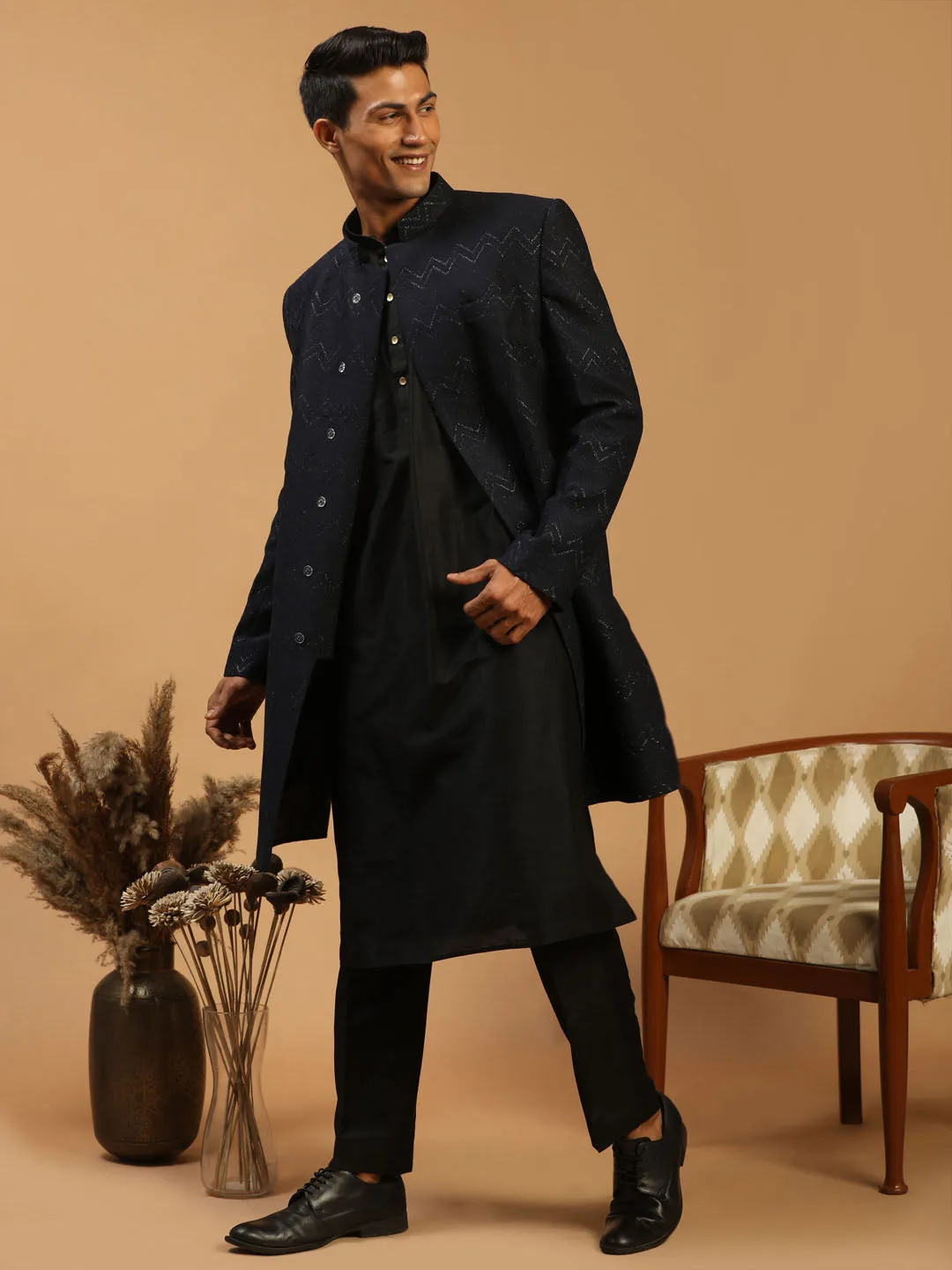 Jashvi Men's Black Glitter Indo Sherwani With Kurta Pant Set