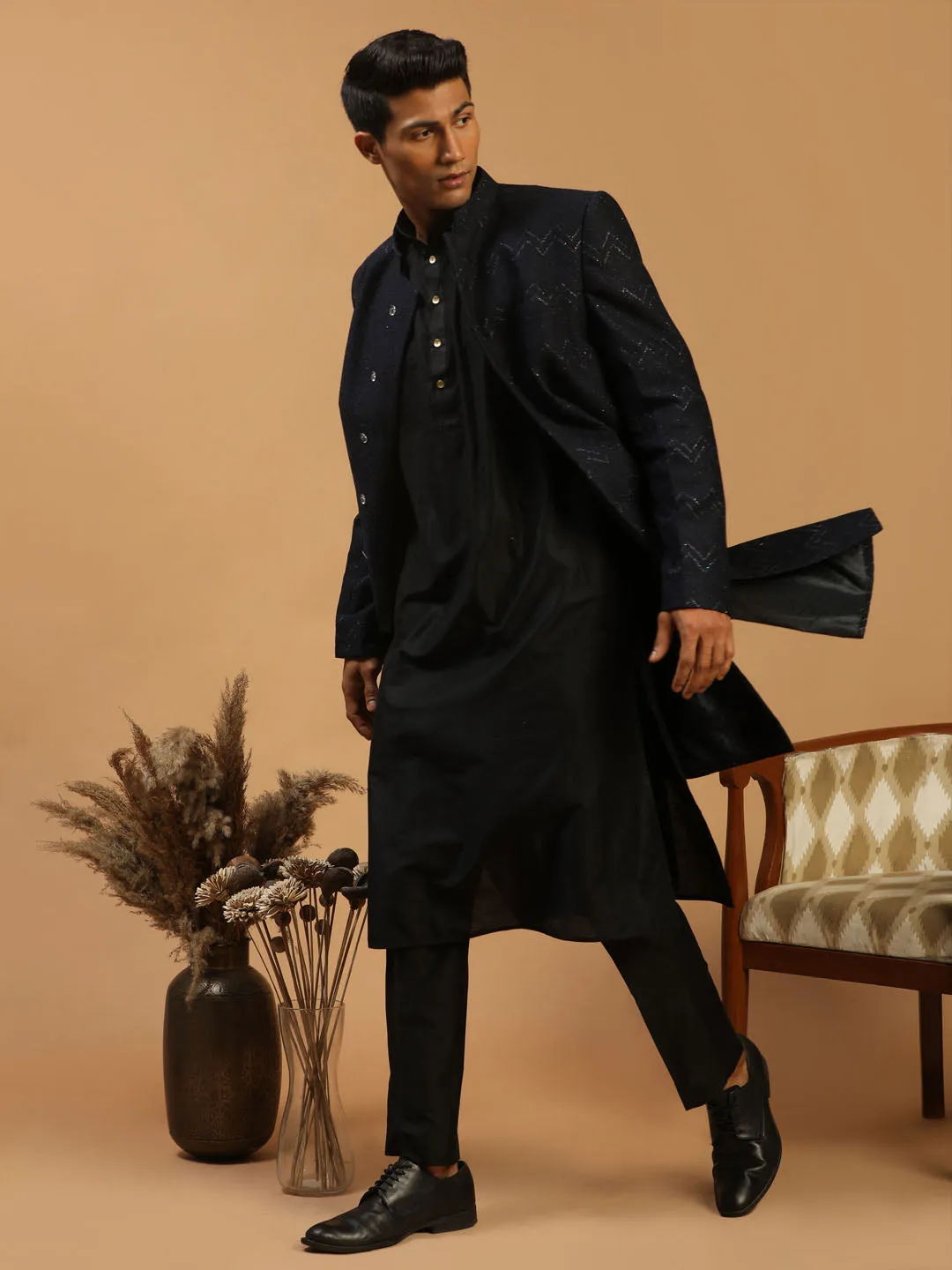 Jashvi Men's Black Glitter Indo Sherwani With Kurta Pant Set