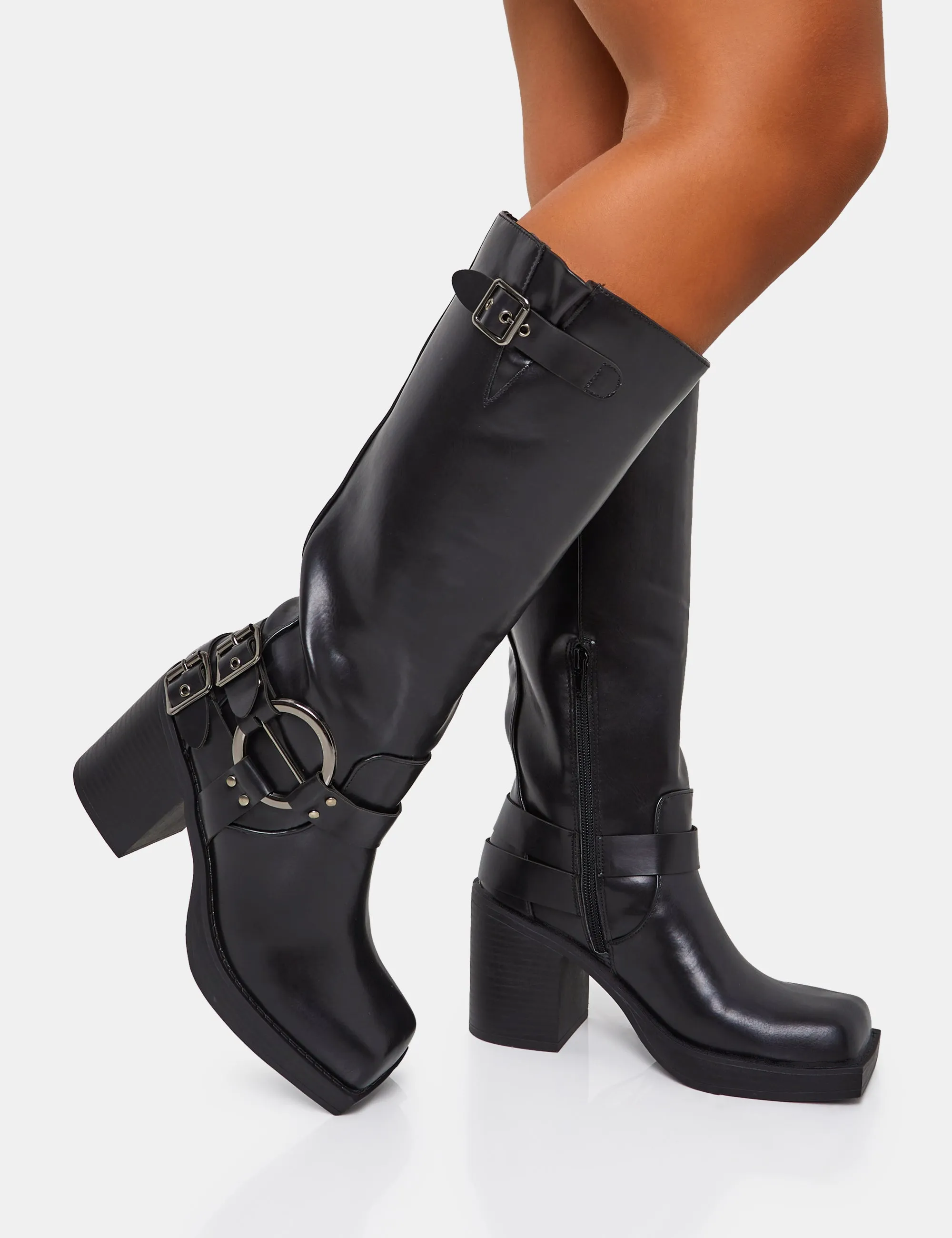 Jen Biker Black Buckle Silver Detail Round Toe Block Heel Knee High Boots